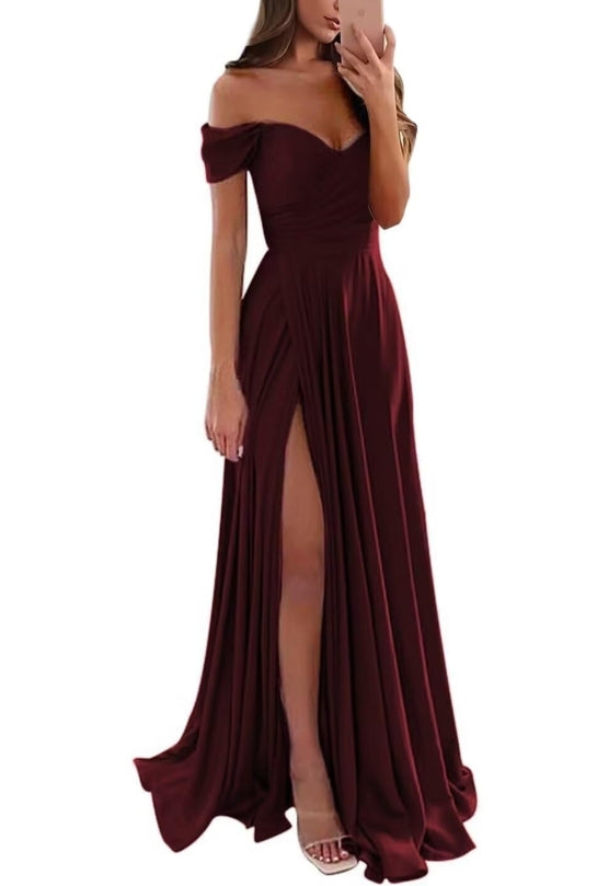 Burgundy Women's Off Shoulder Satin Prom Dresses A Line Pleated Long Formal Evening Party Gowns